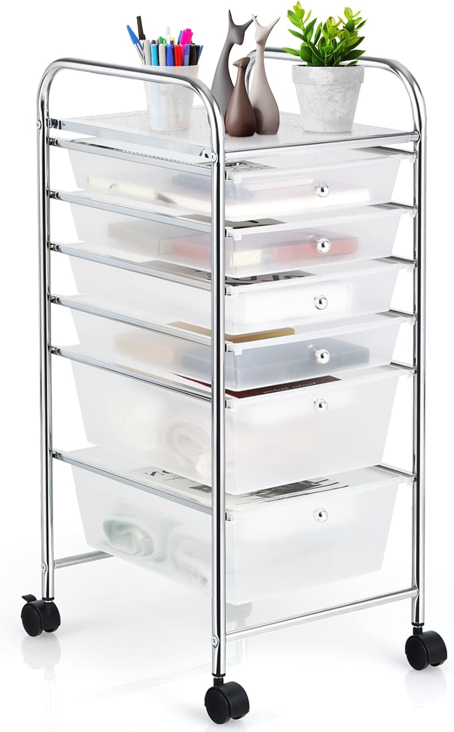 DREAMADE Rolling Cart with Storage Drawers, Utility Cart with Removable Plastic Drawers, Lockable Wheels, Art Cart for Classroom Organization Art Supplies Office Scrapbook (6 Drawers, Transparent)