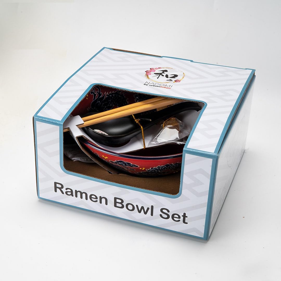 Urban Tokyo 24oz Large Ceramic Ramen Bowl Set with Chopsticks, Spoon & Bamboo Rest – Oriental Japanese Design, Microwave & Dishwasher Safe, Red Dragon image 4