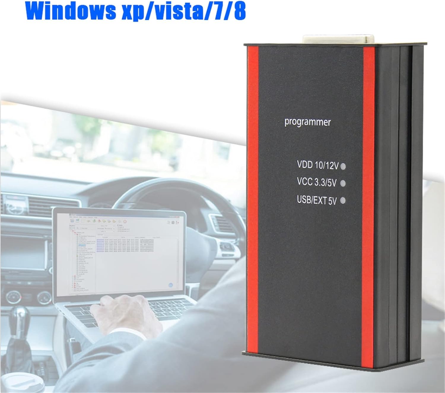 A person using a laptop with the TSUSF V87 programmer connected, inside a car, demonstrating the setup for vehicle diagnostics.