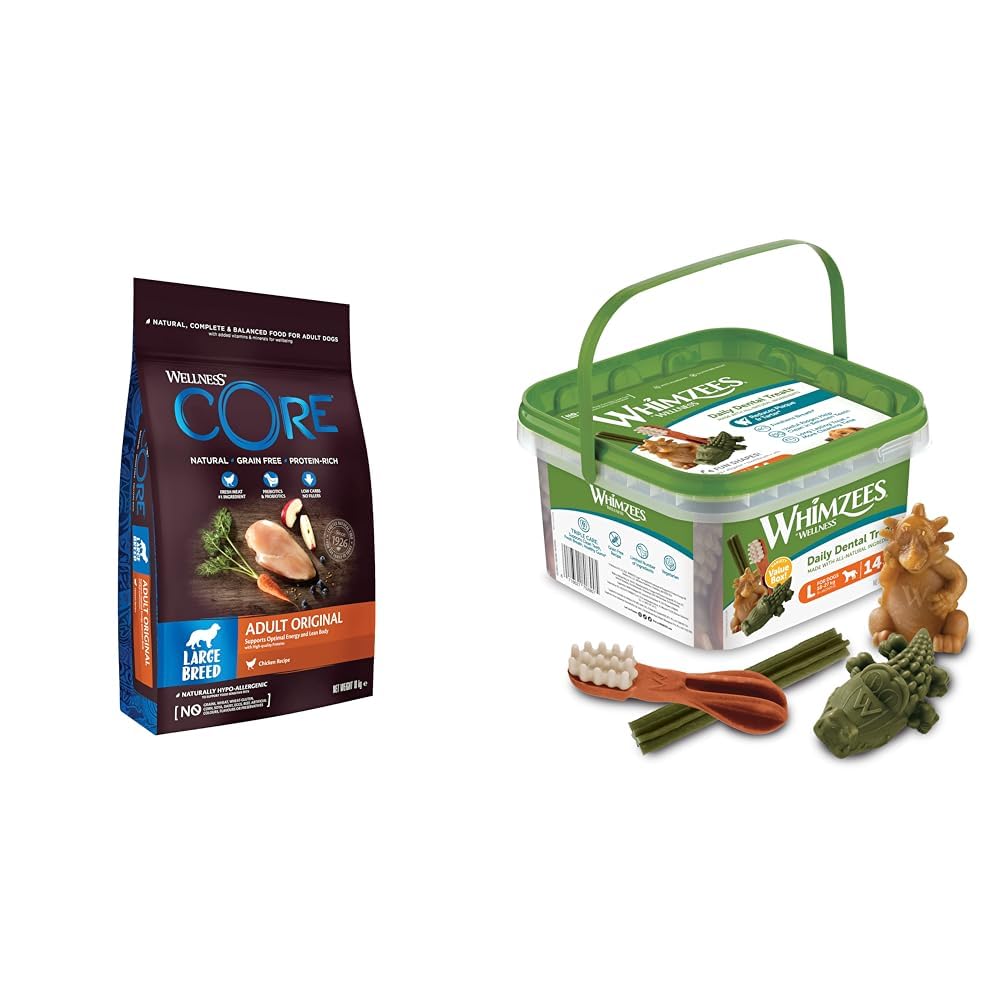 Wellness CORE Croquettes Grand Chien, Naturelles, Poulet, 10kg + WHIMZEES Boîte de Variété pour Grand Chien, Friandises Dentaires Naturelles, 14 Pièces
