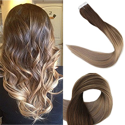 [Promotion]Full Shine 14 inch 50g 20Pcs Tape in Hair Extensions Real Human Hair Glue in Extensions Balayage Ombre Hair Extensions Color #4 Fading to #18 and #27 Honey Blonde