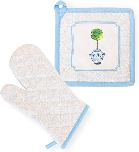 Boston International Juego de manoplas de horno de algodón y soporte para ollas, varios tamaños, topiario azul