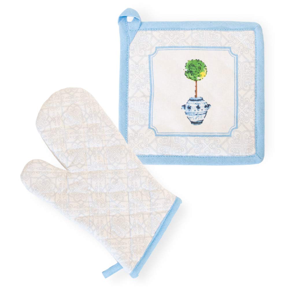 Boston InternationalURB19247 Oven Mitt and Pot Holder, Cotton, Blue Topiary