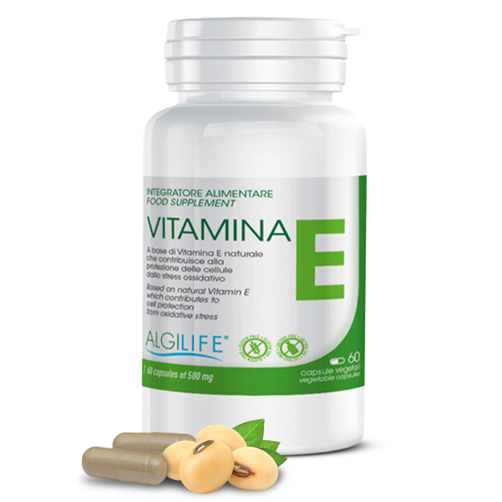 Algilife - Vitamina E Pura in Capsule Vegetali da 60 Mg. Vitamina E Per Viso e Corpo 100% Naturale con Tocoferolo. Vegan Senza Glutine e Lattosio (60 Capsule, scorta 2 mesi)