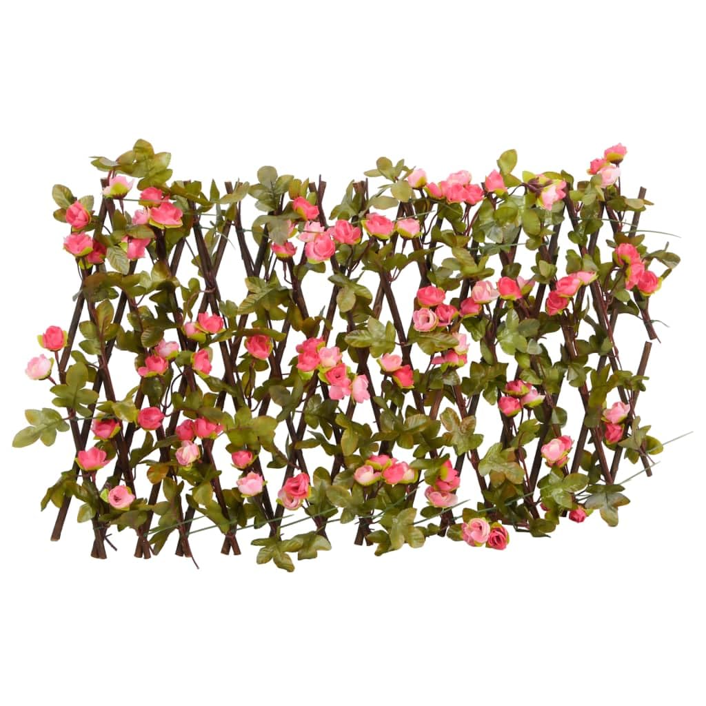 Treillis de lierre artificiel extensible rose foncé en PVC et bois 180x20 cm pour jardin terrasse balcon, panneau brise vue occultant, palissade rigide pour séparation intimité et décoration