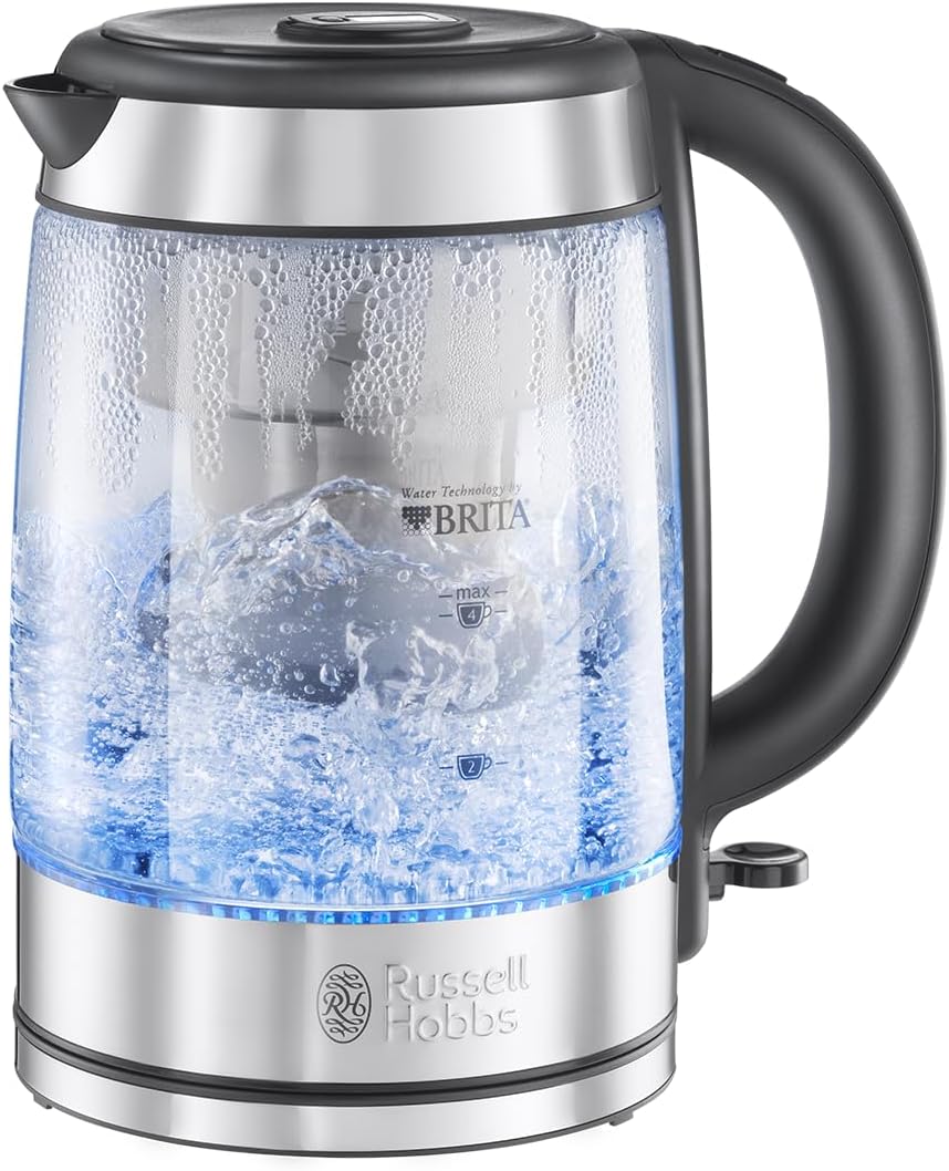 Russell Hobbs czajnik elektryczny, wymienny filtr BRITA 0,5l, wymienny filtr antywapienny, markery szybkiego gotowania, szkło premium Schot, pojemność 1l, moc 2200W, srebrny, Clarity 20760-57