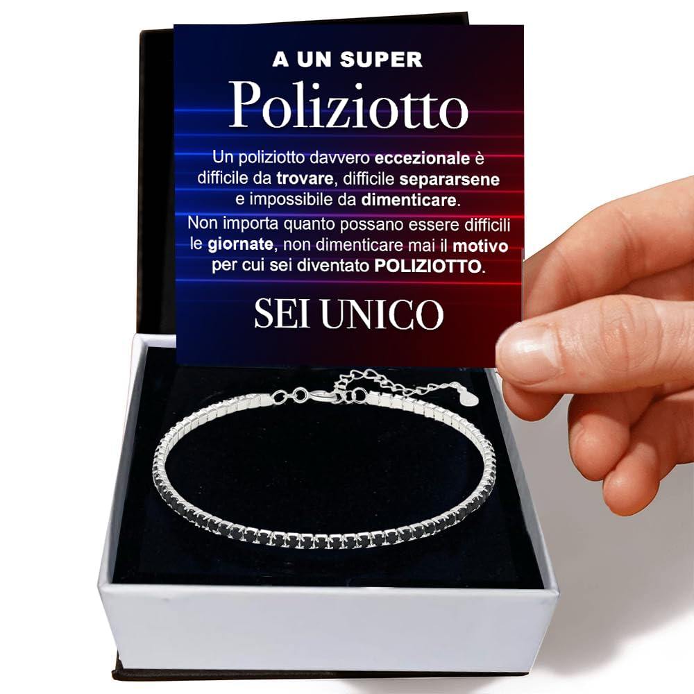 Bracciale Poliziotto Tennis Uomo con Pietre di Zirconia Cubica Idea regalo Compleanno per lui Finitura in Oro Bianco Argento 925 Natale polizia - Cofanetto con DEDICA incluso