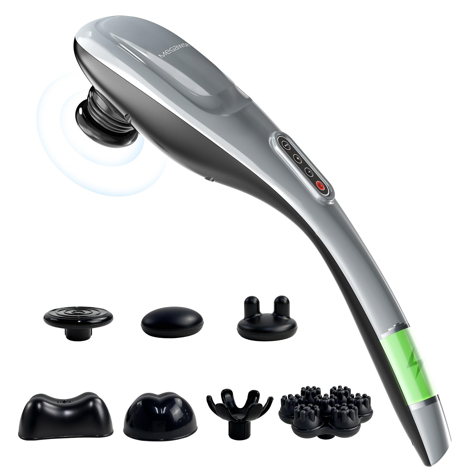 MEGAWISE Handheld Back Massager | Deep Tissue Percussion Massage for Back, Neck, Shoulders, Waist and Legs (Cordless Silver)