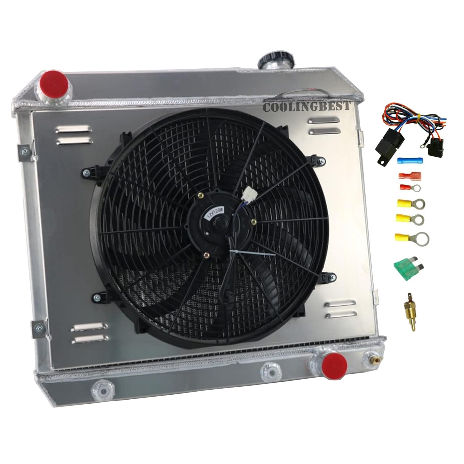 CU284 Aluminum Radiator for 1961-1966 Chevy C10 C20 C30 K10 K20 Panel Pickup Suburban V8 GMC 1000 1500 2500 G1000 Series Oldsmobile Cutlass F85 Pontiac 3 Row Radiators+16''Fan Shroud+Relay