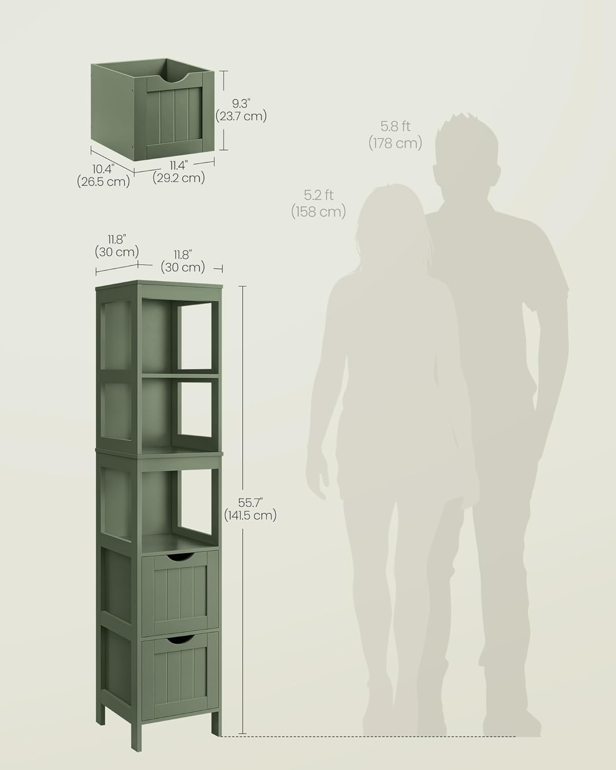 VASAGLE Bathroom Floor Cabinet, Bathroom Storage Organizer Rack Stand, Multifunctional Corner Unit, 2 Drawers, 141.5 cm in Height, Forest Green UBBC066C01 - Image 3