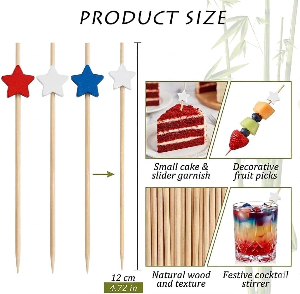500 Pcs 4th of July Cocktail Picks, 4.7" Red White Blue Star Bamboo Skewers, Decorative Appetizer Toppers for Independence Day, USA Party Supplies
