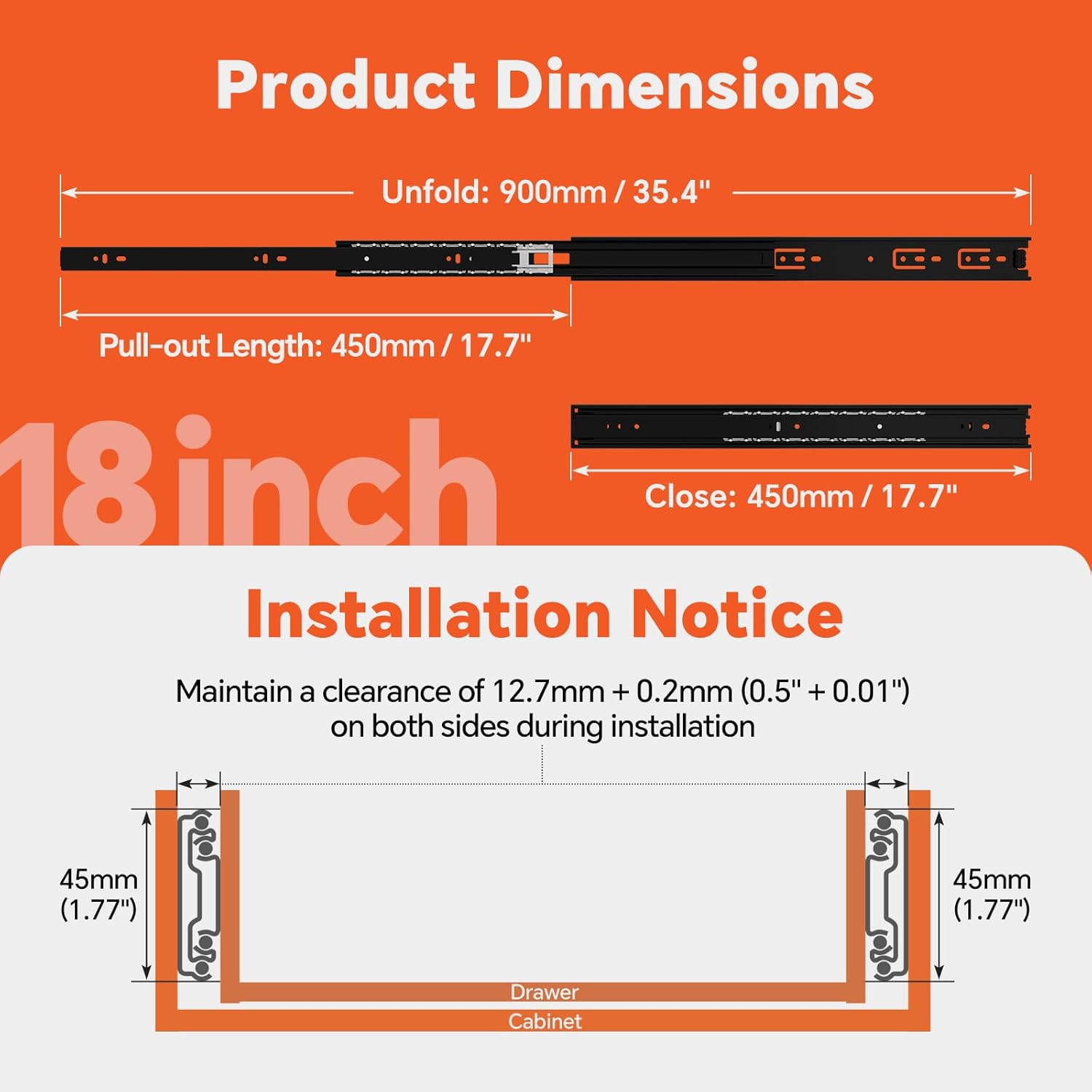 ToBeGreat 5 Pair Side Mount Drawer Slides 18 Inch 100 LB Load Capacity, Full Extension Ball Bearing Metal Replacement Rails Dresser Runners Cabinet Trash Can Slider Kitchen Glides (Black,457.2mm)