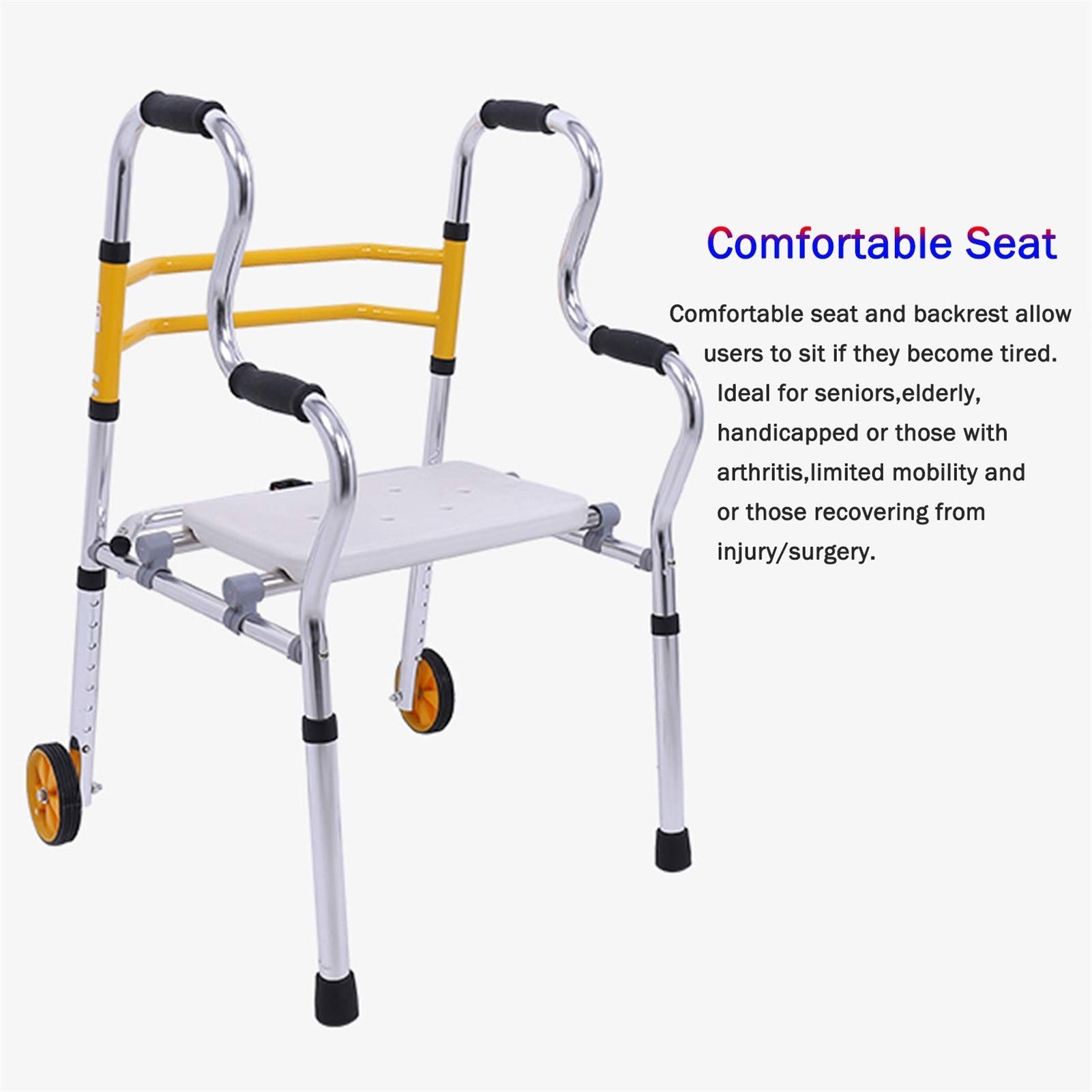 Andador Plegable Regolable En Altura, Andador para Ancianos con Cesta, Ligero Y Resistente, Ideal para Uso Interior Y Exterior (Walker+2 Wheels+Seat)