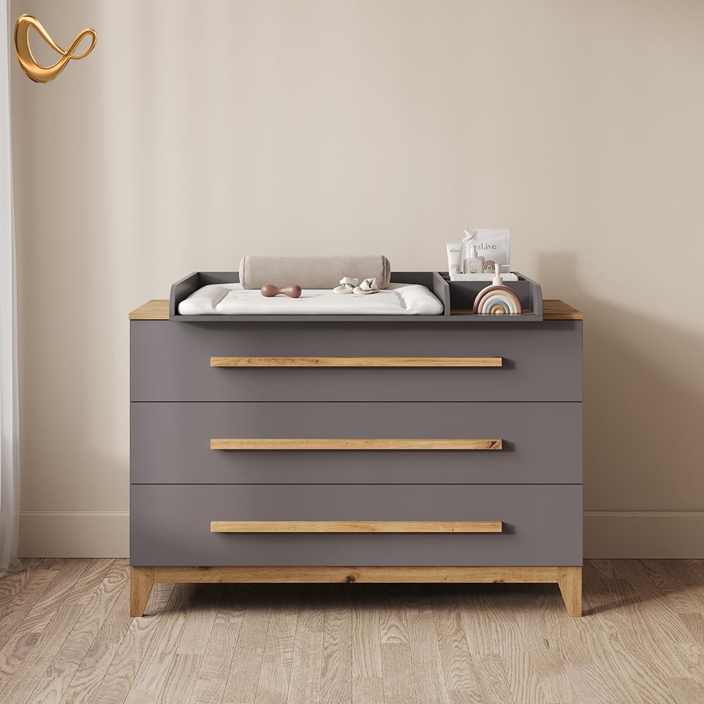 Livinity Commode à Langer Mailo, Gris/Artisan, XL avec 3 tiroirsorganisation Fonctionnelle pour Les Petits espaces