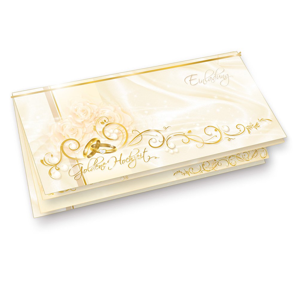 tatmotive 40 Sets Einladungskarten Goldene Hochzeit | Edler Perlmutteffekt, bedruckbare Einlegeblätter mit Rankenmotiv, praktische Haftklebe-Umschläge, glänzende Goldschlaufen