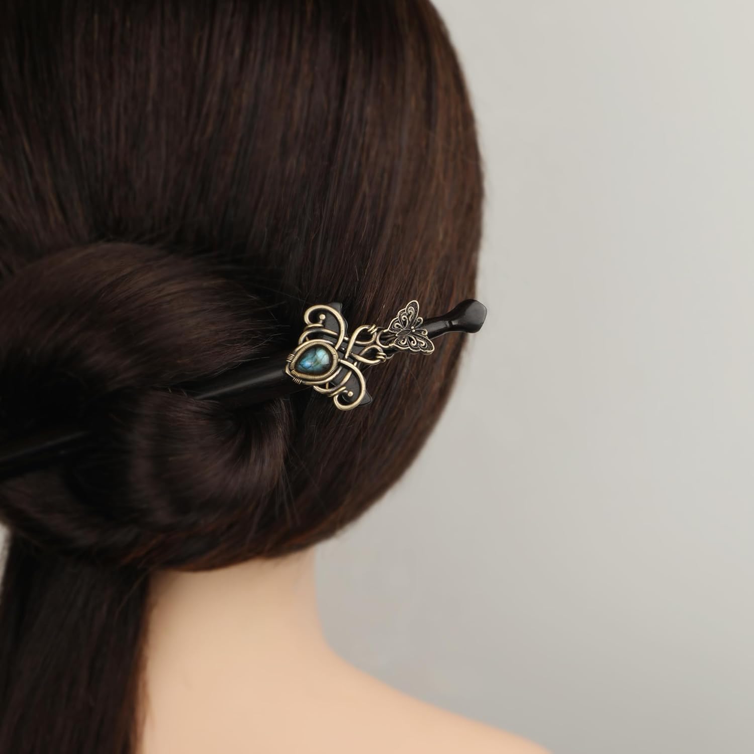 Sword Antique Brass Wire Wrapped Labradorite Ebony Hair Sticks for Buns (Hair Stick)