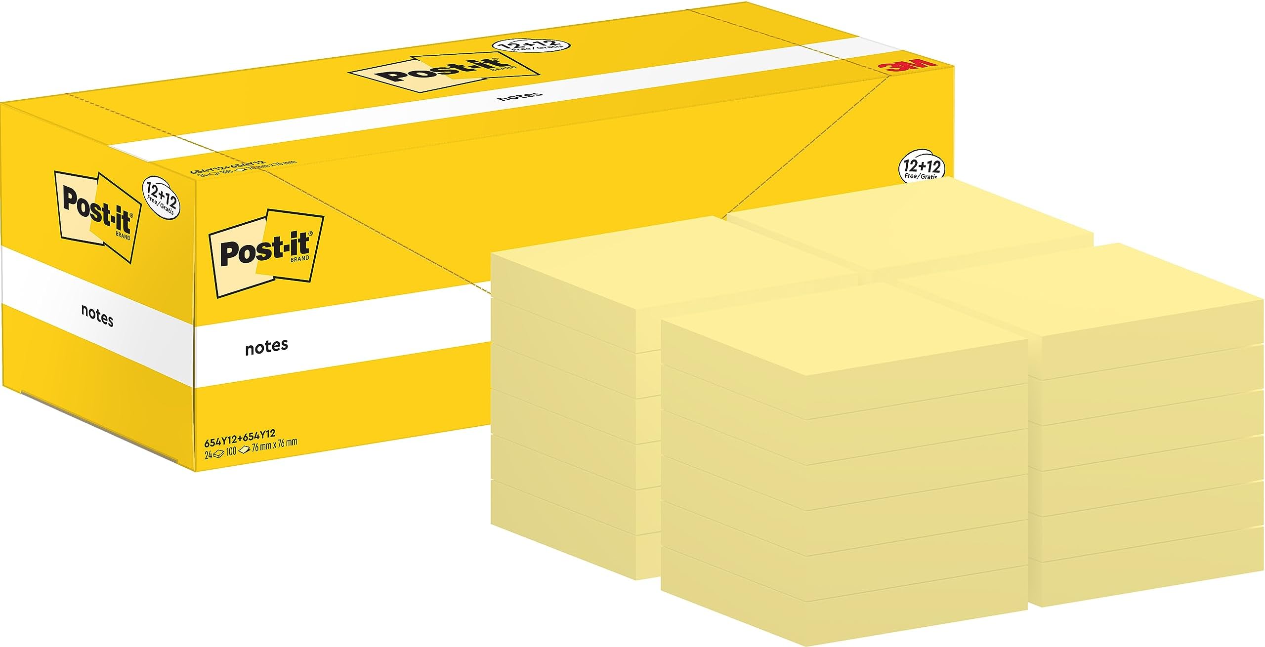 Sticky Notes Canary Yellow, Pack 12 Pads + 12 Free, Total 2400 Sheets, 76 mm x 76 mm - Self-Stick Notes for Note Taking, to Do Lists & Reminders