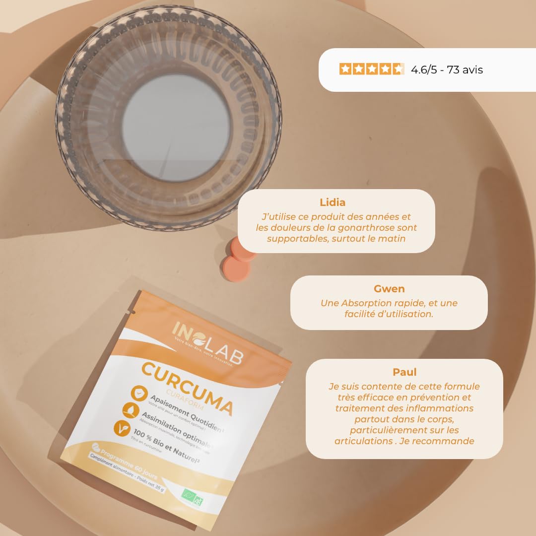 Curcuma BIO breveté CurQfen® | Curcumine microencapsulée biologique = assimilation supérieure à la pipérine poivre noir | Résultats prouvés par études cliniques| Curaform