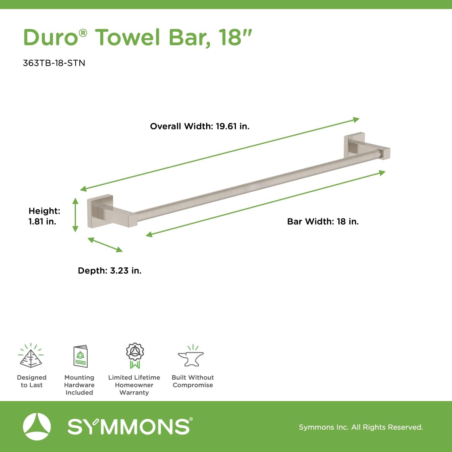 Symmons 363TB-18-STN Duro 18 in. Wall-Mounted Towel Bar in Satin Nickel