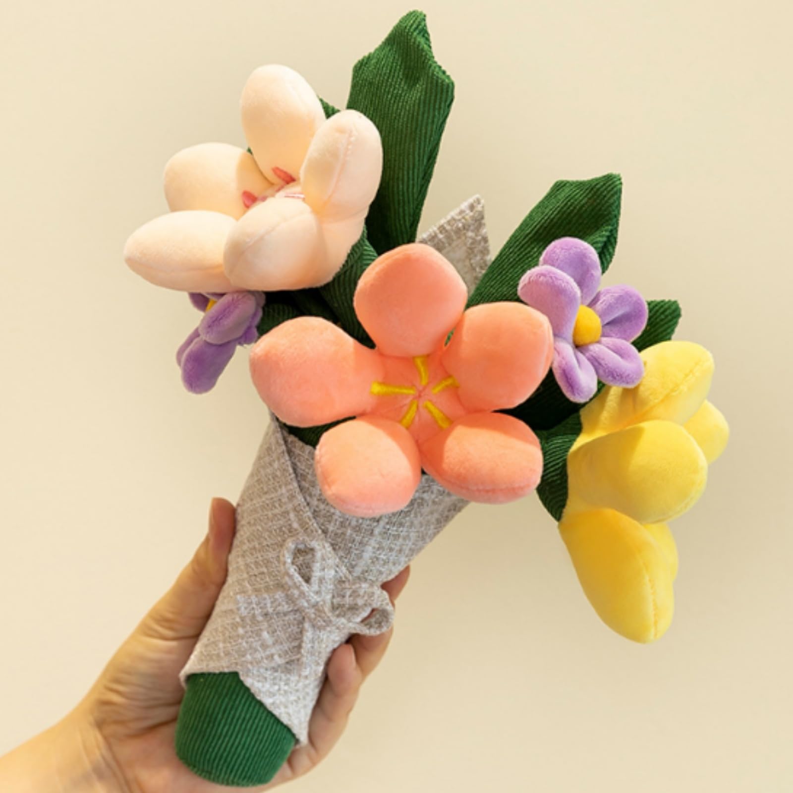 Tikwisdom Cute Flower Bouquet Plush Toy, 28 cm Soft Stuffed Handheld Plushie with Multicolor Blossoms, Fabric Floral Plush Decoration for Table Display, Bedroom, or Props Use, (pink)
