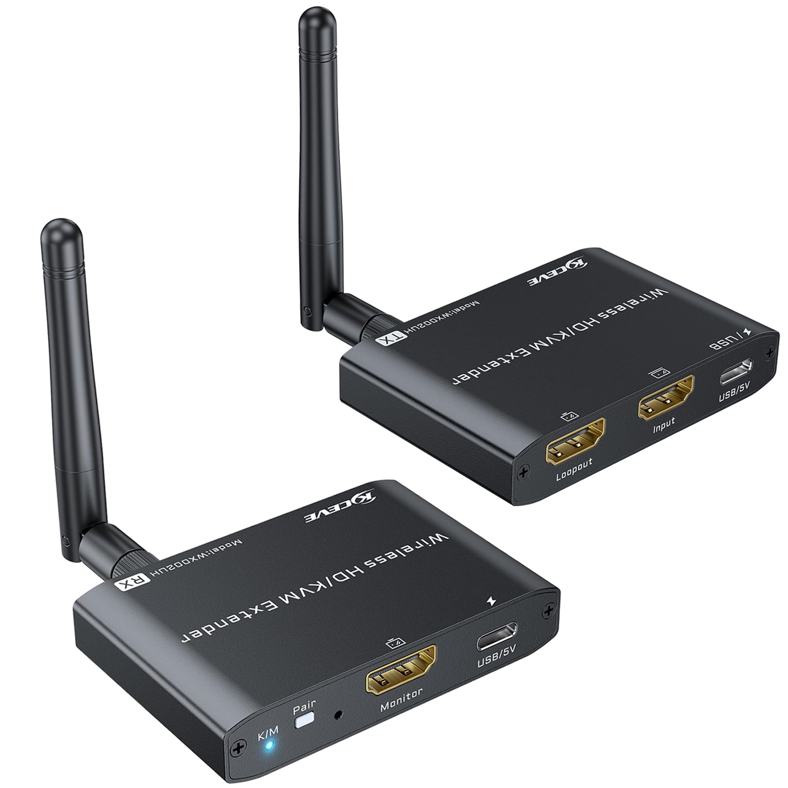 KCEVE HDMI KVM Wireless Transmitter and Receiver 200M/660FT, HDMI USB KVM Extender 1 PC 2 Monitors Share Keyboard and Mouse, Loop Out, 1080P@60Hz,with