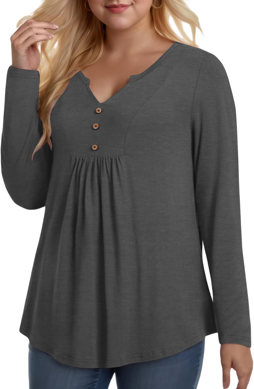 VISLILY Womens-Plus-Size-Dressy-Tops Cute V Neck Henley Shirts Flowy Pleated Long Sleeve Tunic Fall Casual Buttons Up Blouses - Image 2