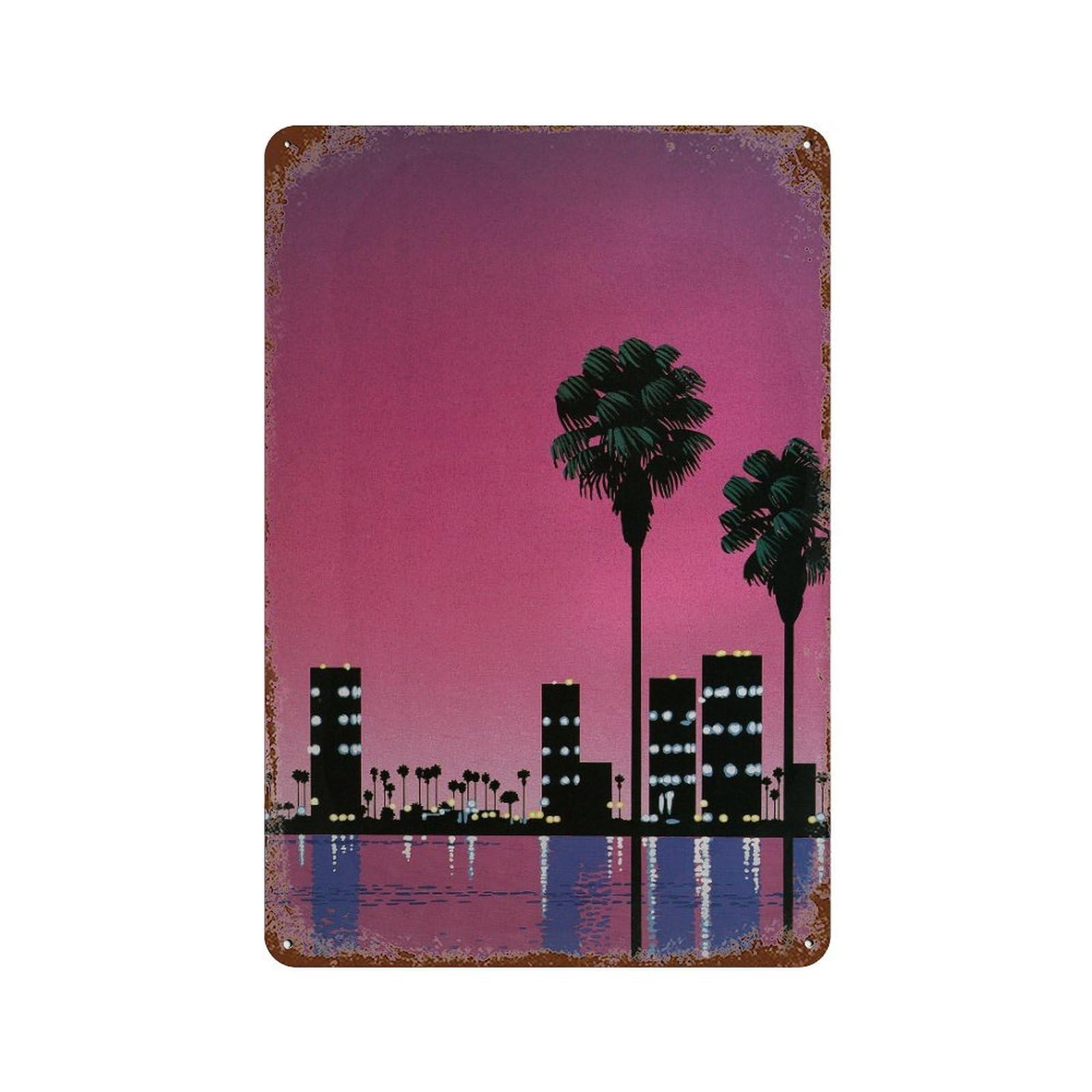 xiaoxiaoshen City Skyline With Palm Trees. Hiroshi Nagai Japanese Pop Wall Decor Art Metal Tin Poster Modern Home Decor Art Home Bar Shop Decorations Vintage Sign 30x20cm
