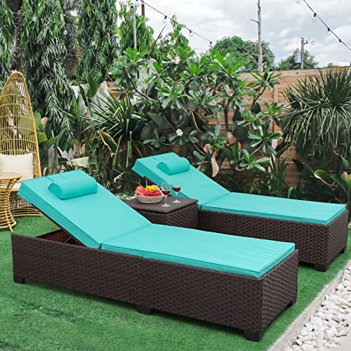 Valita Outdoor Pe Wicker Chaise Lounge Set Patio Rattan Adjustable Reclining Lounge Chairs With Cushions And Matching Storage Table, Turquoise #TOP2