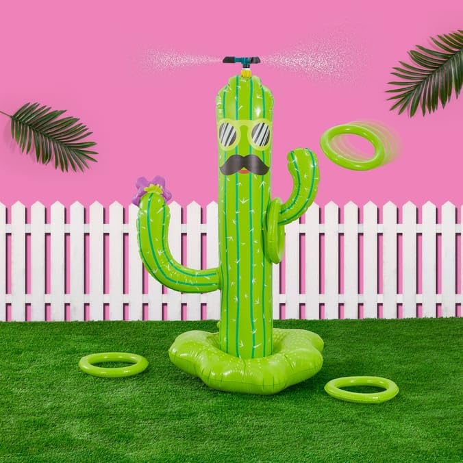 4ft Inflatable Cactus Sprinkler Ring Toss Game, Outdoor Water Toy, Garden Party Fun for Kids, Giant Garden Water Spray Toy for Outdoor Summer Fun, Lawn Parties & Family Water Games.