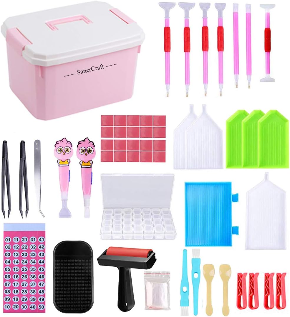 SanerCraft 102 pcs 5D Diamond Painting Accessories Kits, Diamond Art Tool Sets with 28 grids Storage Container & Roller for DIY Crafts