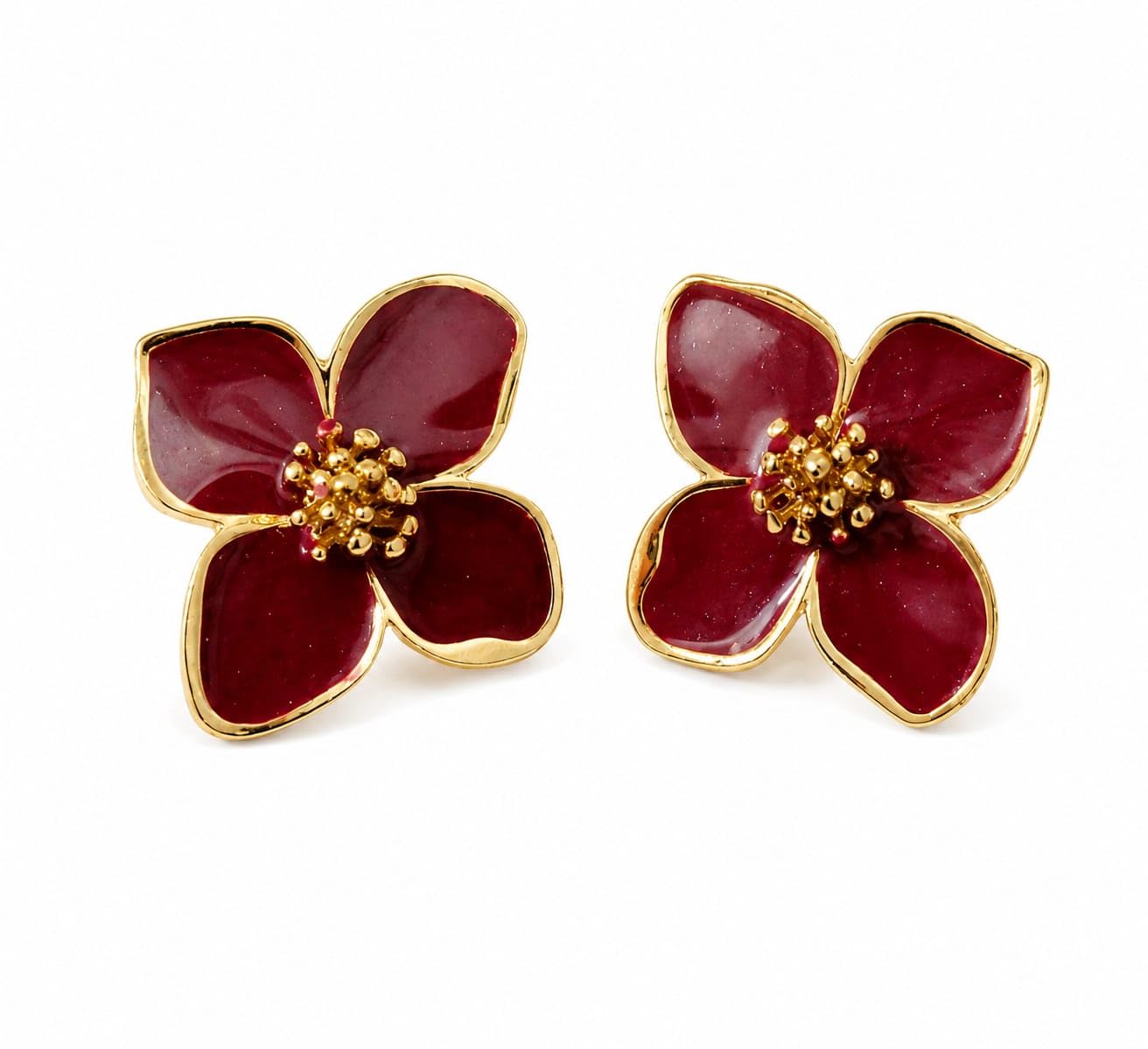 Red Enamel Flower Stud Earrings with Gold-Tone Detailing-picture-20