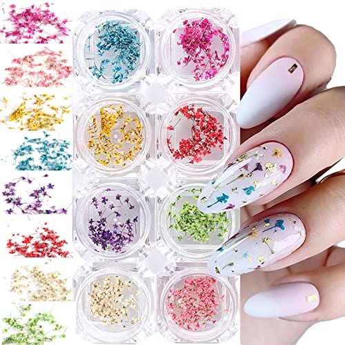 8 boîtes de fleurs séchées pour les ongles, 8 couleurs d'autocollants pour l'art des ongles Kit de fleurs séchées Kit d'accessoires pour fleurs séchées Décalcomanies pour ongles DIY