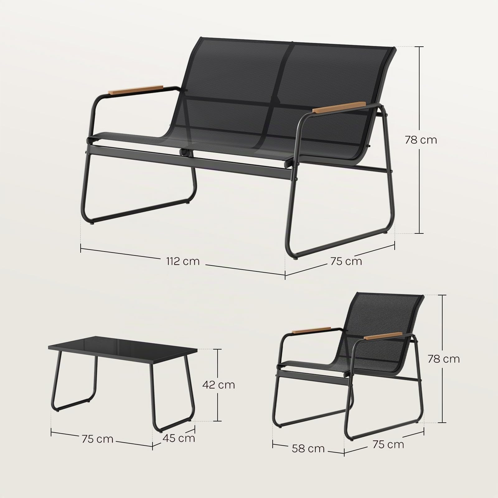 WOLTU Muebles Jardín de 4 Piezas, 1 Mesa 2 Sillas Terraza y 1 Sofá, Conjunto Jardín Exterior Resistente a Intemperie, Estructura Metal Resistente, Tela Transpirable, para Balcón Patio Terraza, Negro