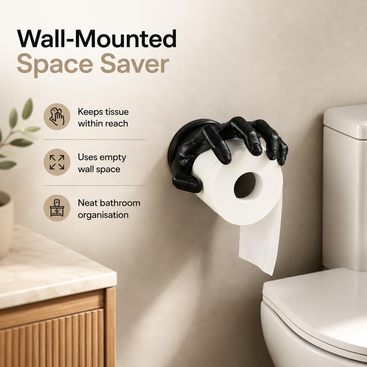 Portarrollos de Papel, Soporte de Pared Mano Negra 3D para Baño