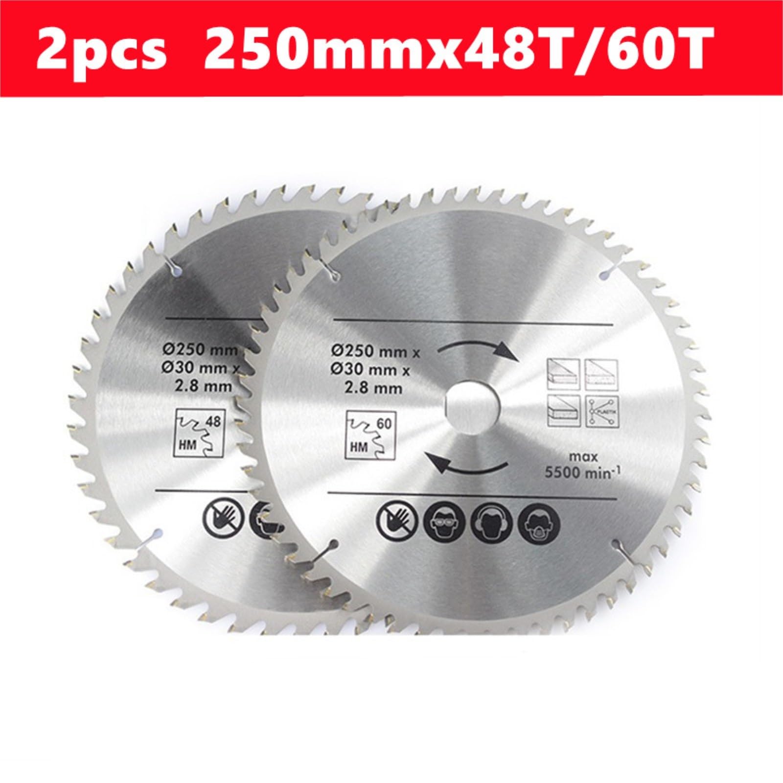 Brzeszczot do cięcia metalu 1PC brzeszczot do drewna z węglików spiekanych 250mm x 40T/48T/60T/80T przysłona 30mm TCT tarcza obróbki piły tarczowej ze stopu twardego(2pcs 250mmx48T 60T)