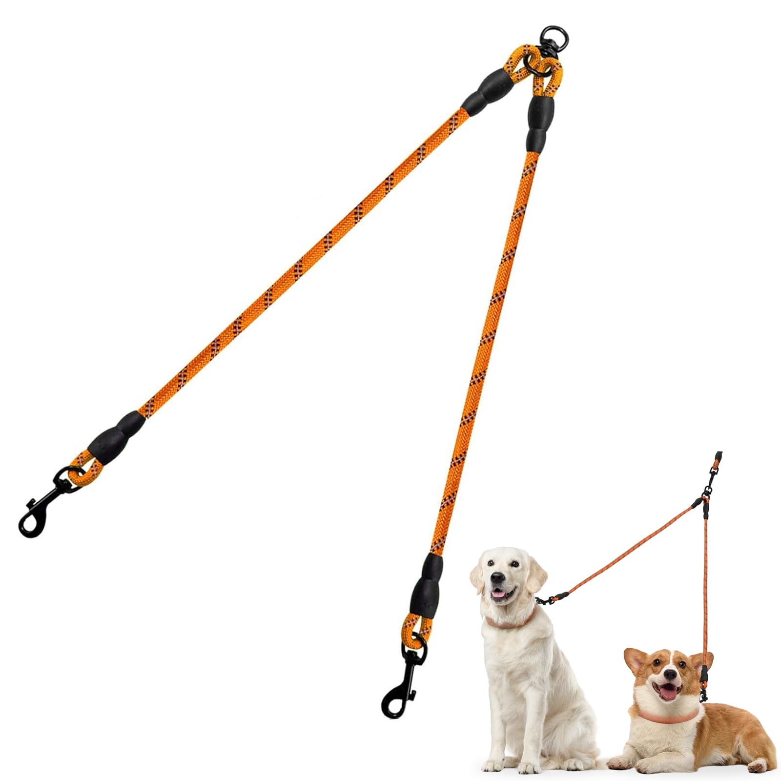 Morn Light 3-in-1 dubbele hondenriem met dubbele kop met automatisch inschuiven, zaklamp en poepzakhouder voor kleine en middelgrote honden met minder dan 25 kg