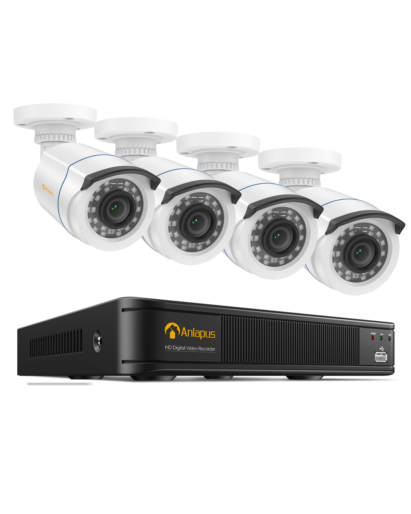Anlapus 1080P Kit di Sorveglianza DVR 8CH H.265+ Videoregistrator con 4pcs Telecamera Esterno, Senza HDD, Visione Notturna, Allarme E-mail, P2P | 2 MP esterno senza hard disk, allarme di movimento tramite app e e-mail