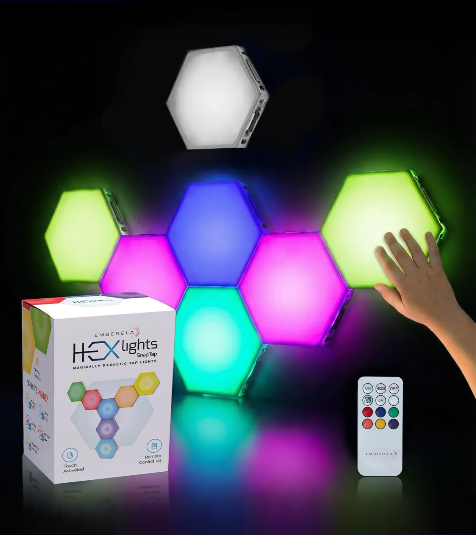 Emberela HEXlights SnapTap 7-pk Tap Tap Sensory Lights - Touch & Remote Controlled Multicolored Magnetic Hexagon Lights - Interactive & Calming Sensory Room lamp for Kids’ Bedroom