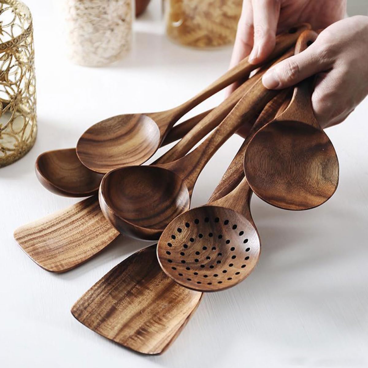 Kichvoe Set Utensili da Cucina in Legno di Acacia con Paletta e Cucchiaio per Mescolare, Design Raffinato e Semplice, per Cucinare in Modo Affidabile