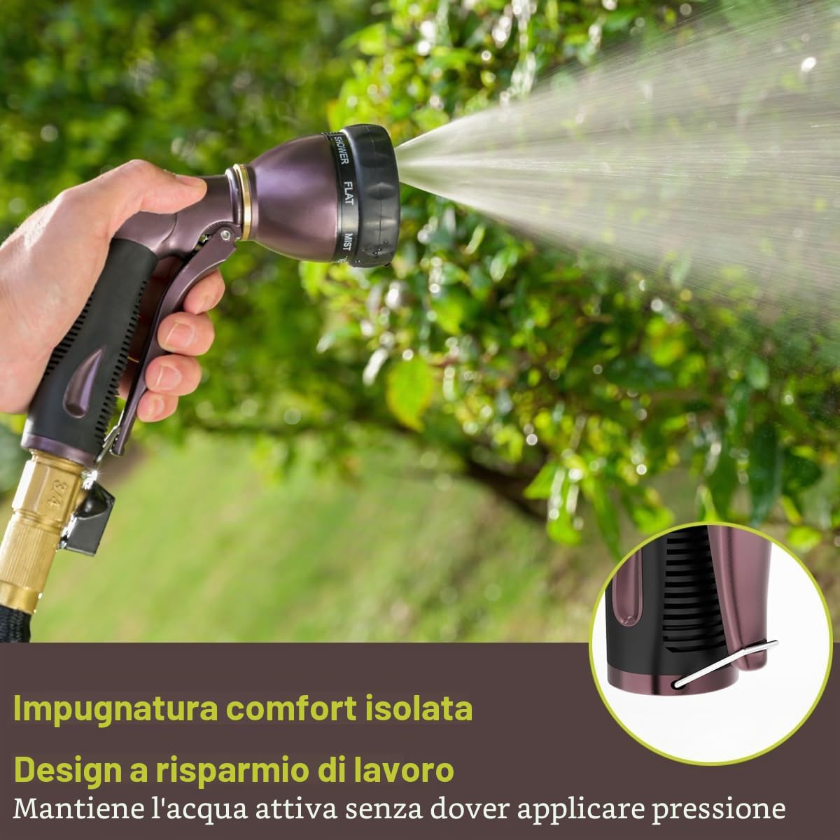 FANHAO Pistola da Giardino in 100% Metallo con 8 Modalità di Getto Regolabili, Pistola Irrigazione ad alta pressione con Impugnatura Antiscivolo per Innaffiare Piante e Prati, Lavare auto - Bronzo