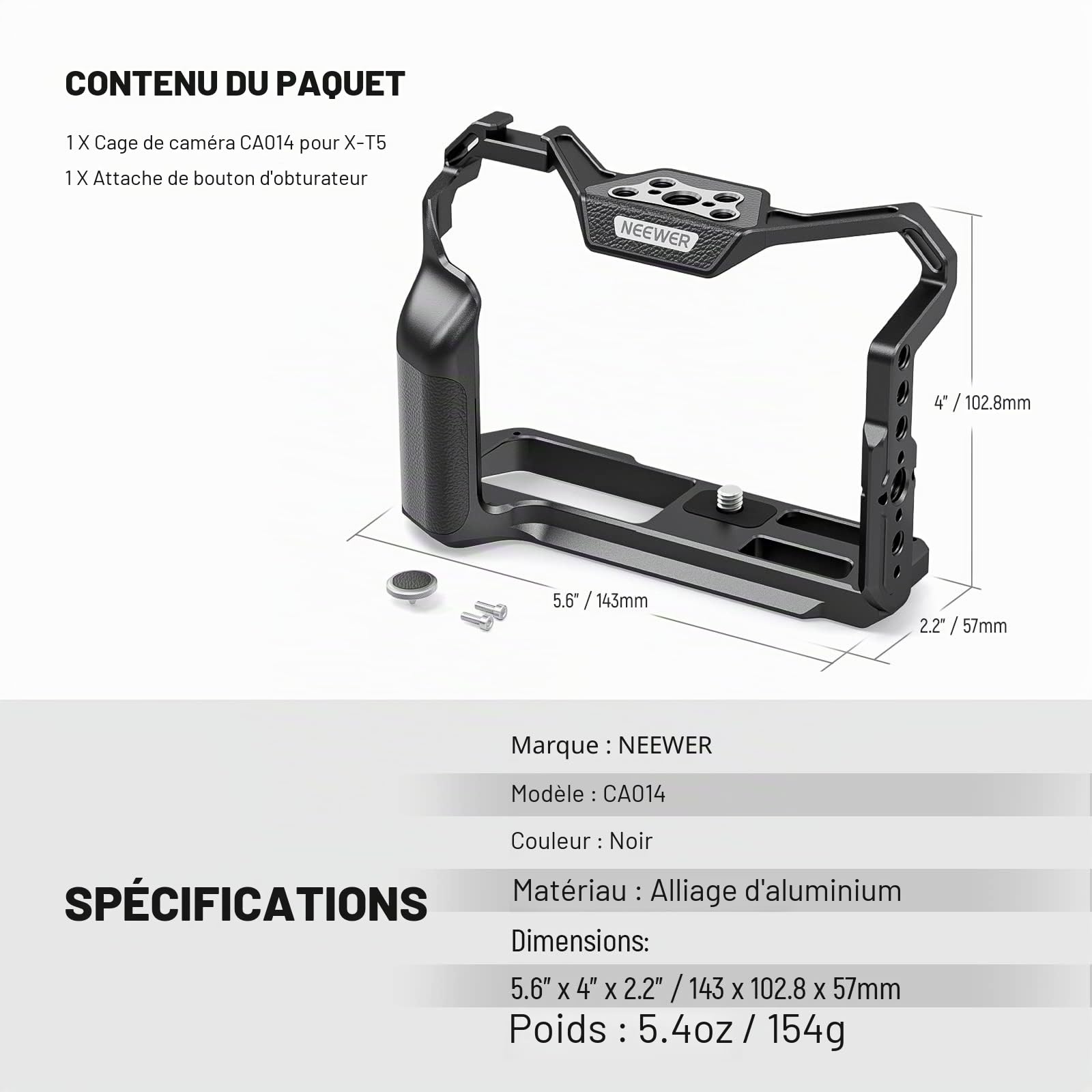 NEEWER Cage de Caméra Entière avec Fuji XT5 pour Plate-Forme Vidéo en Aluminium,Bouton d'Obturation,Cold Shoe,Rail OTAN,Base QR de Type Arca Compatible avec Accessoires SmallRig,Cardans DJI RS,CA014
