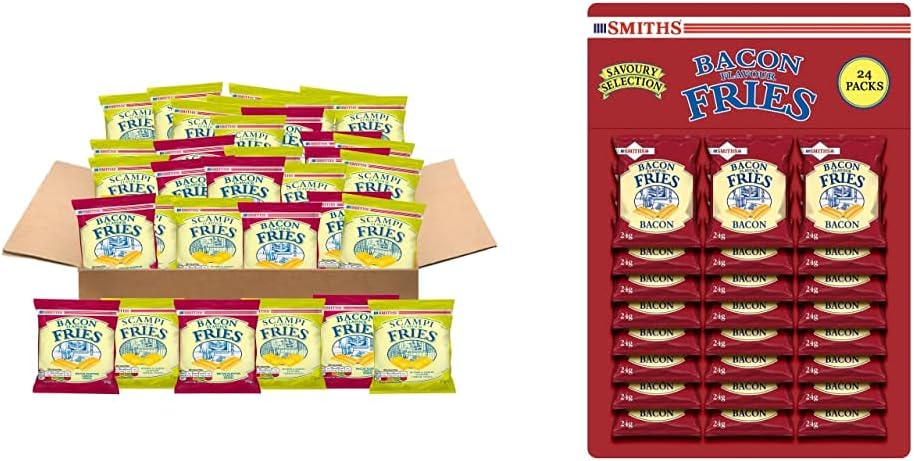 Smiths Bacon and Scampi Fries Savoury Snacks Selection Box (36 Single Bags) & Savoury Snacks Bacon Fries Carded Pub Favourites Snacks, 24 g (Pack of 24)