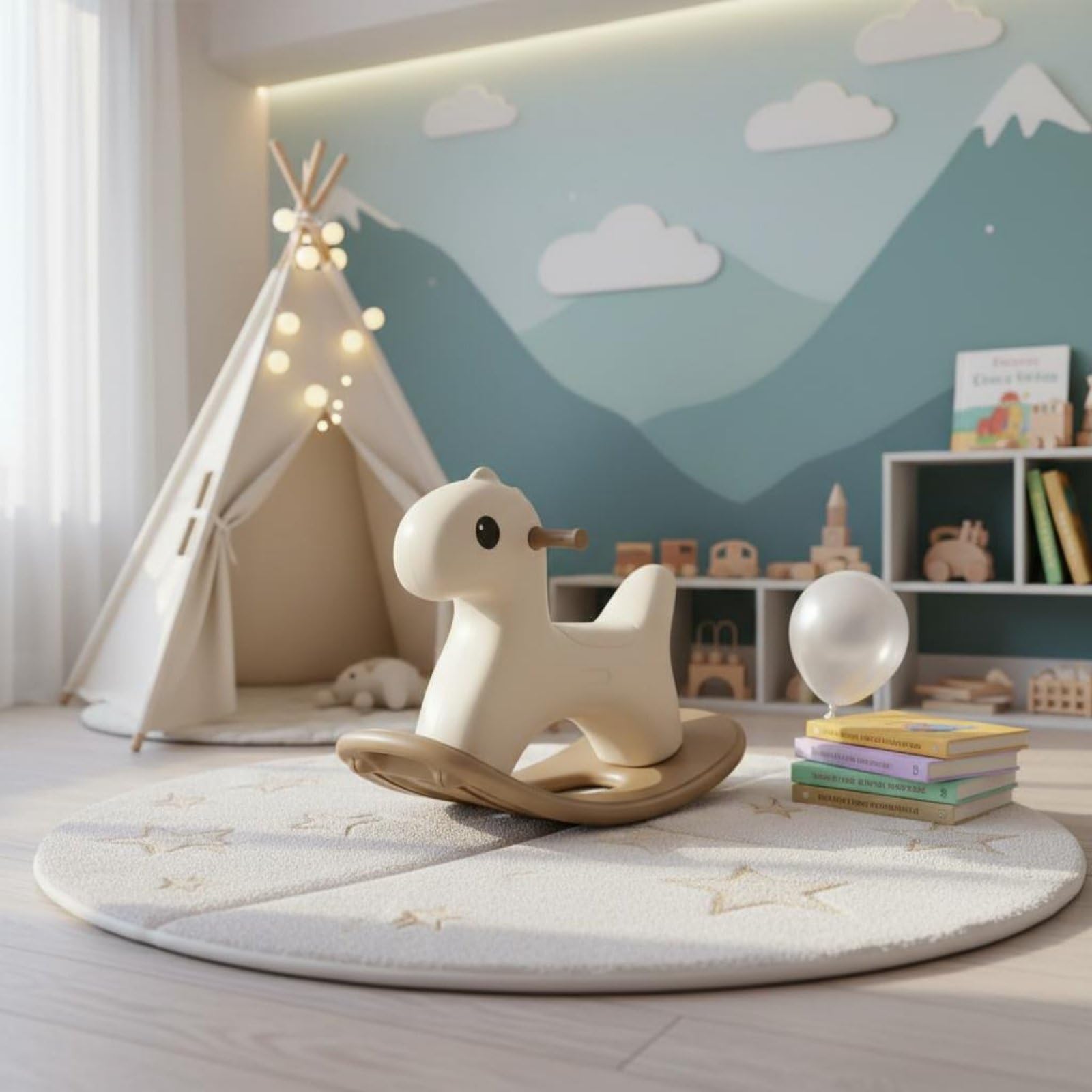 Schaukelpferd kippsicher Kleinkind Schaukelpferd rutschfeste Griffe stabiles Wipppferd für Kinderzimmer, Beige Camel, Mit Streifen