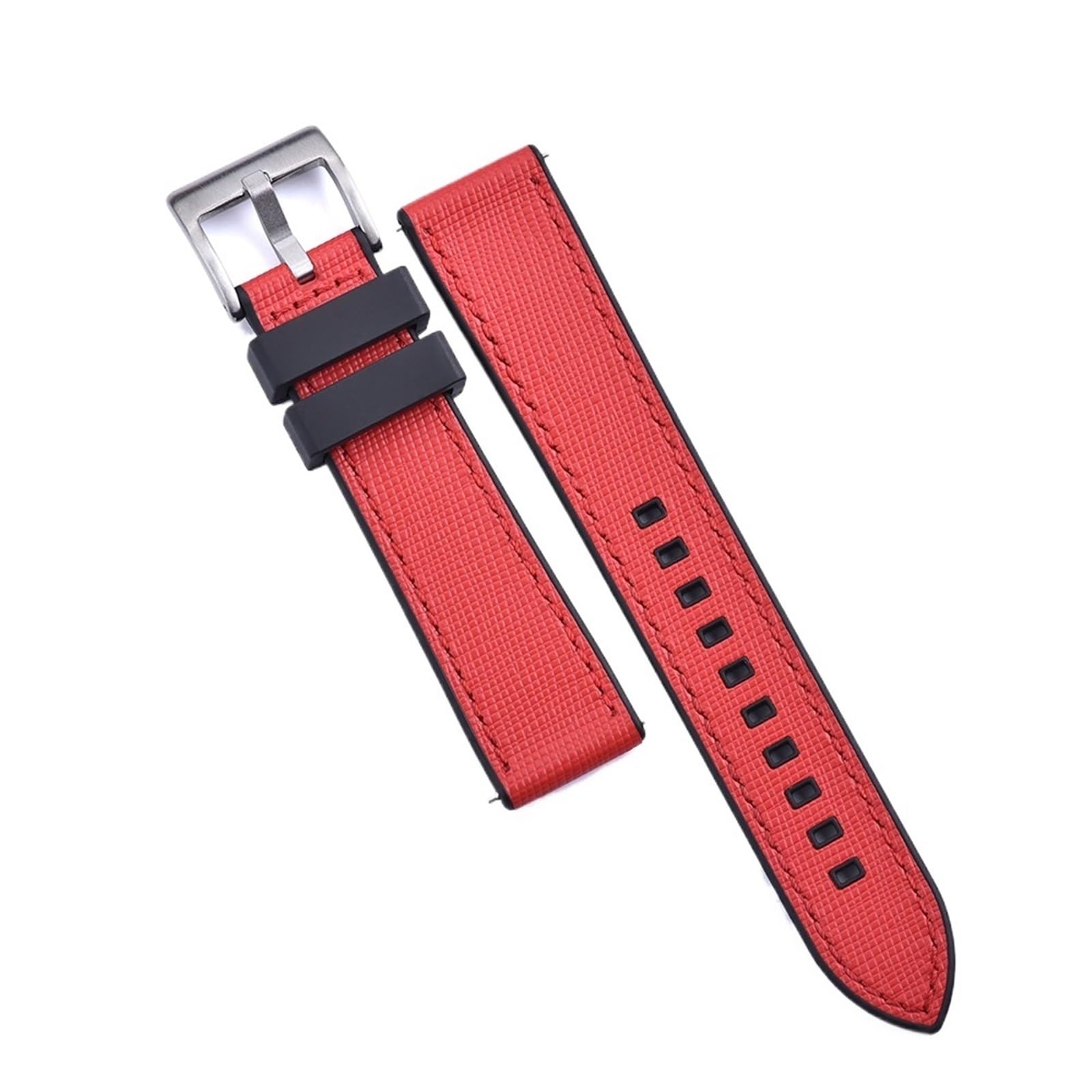 Generico Bracelet de sport hybride en caoutchouc et cuir - Noyau résistant à la transpiration, libération rapide 20/22 mm(Red Black-Silver,20mm)