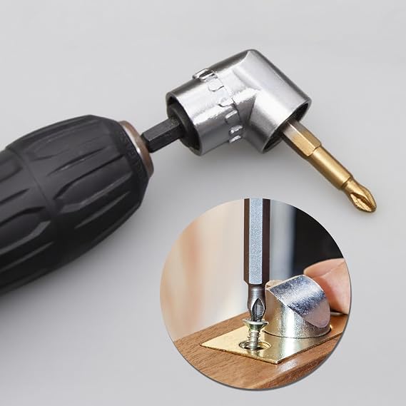 105° Right Angle Drill Attachment, 1/4 inch Hex Shank Bit Holder Adapter | Right Angle Driver Extension Power Screwdriver Drill for Drilling Narrow Spaces, Silvery