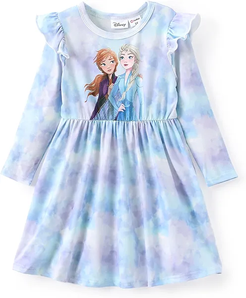 Disney Princess Frozen Elsa Minnie Mickey Stitch Ruffle Sleeve Dress A Line Long Sleeve Kids Clothes Baby to Toddler