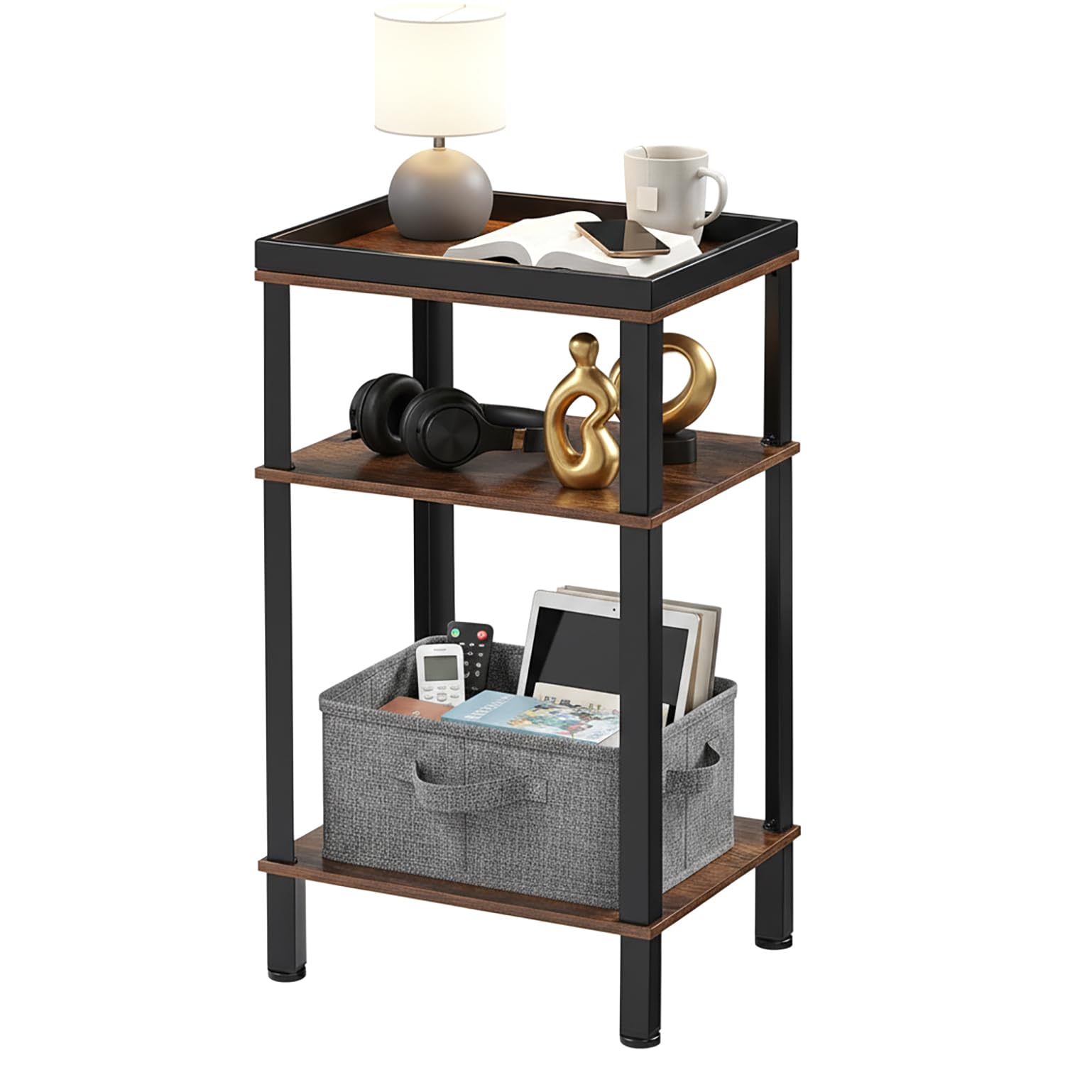 Side Table for Small Spaces,3 Tier End Table with Metal Tabletop Tray Storage Shelf, Small Narrow Thin End Table Bedside Table,Nightstand for Hallway,Living Room, Bedroom, Office,Rustic Brown