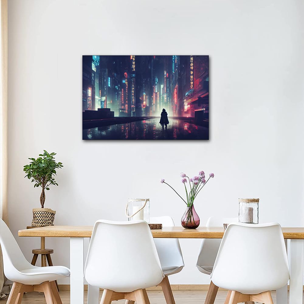 TISHIRON Kitchen Wall Art for Living Room Cyberpunk City Paintings Future Oriental Style City Canvas Artwork Abstract Cyberpunk Picture House Decor Framed Posters Prints Ready to Hang Gift 24x16 in - Image 2
