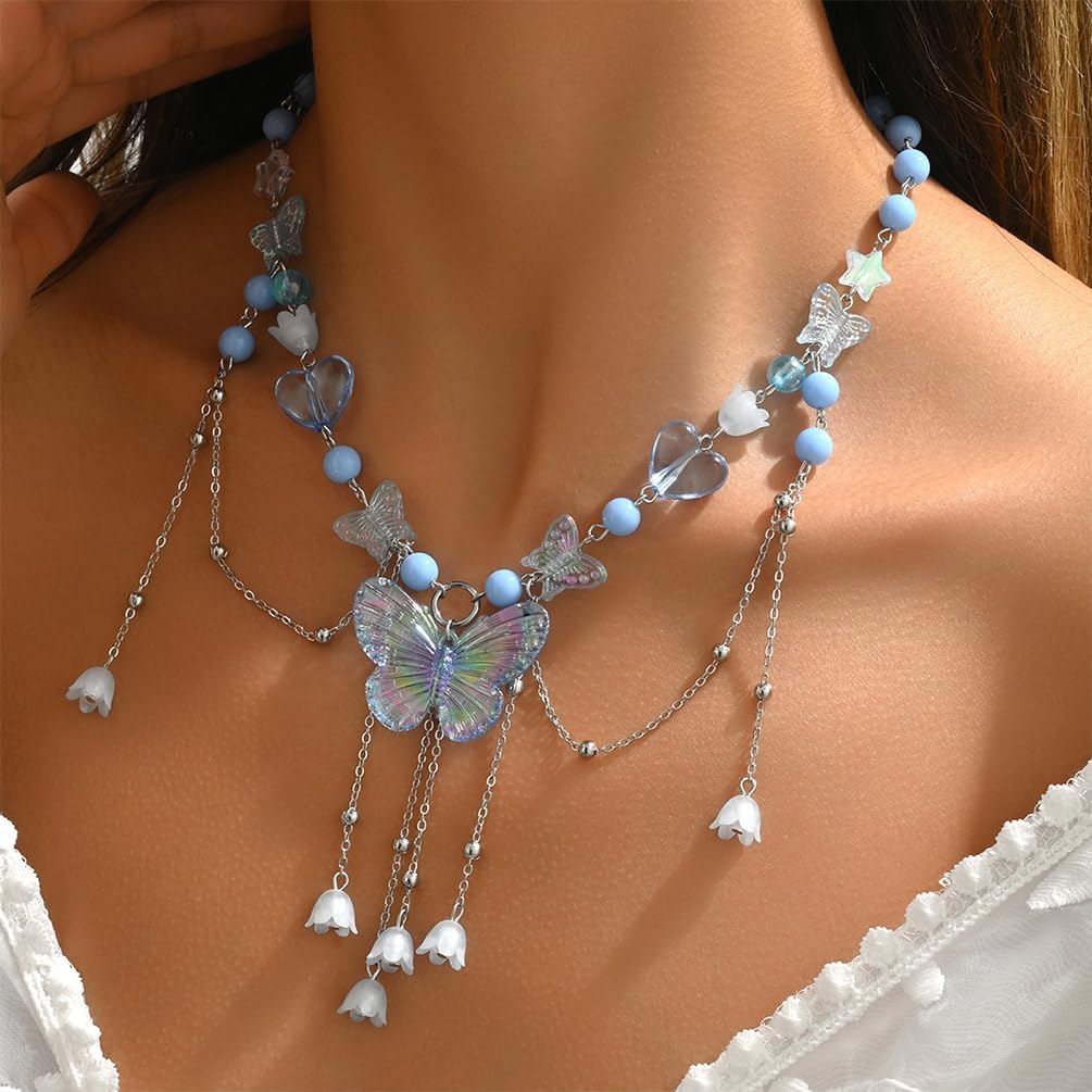 Charm Layered Butterfly Choker Necklaces for Women, Vintage Purple Butterflies Beaded Flower Pendant Tassel Chain Necklace Y2K Jewelry Fairy Aesthetic Gift - Image 4