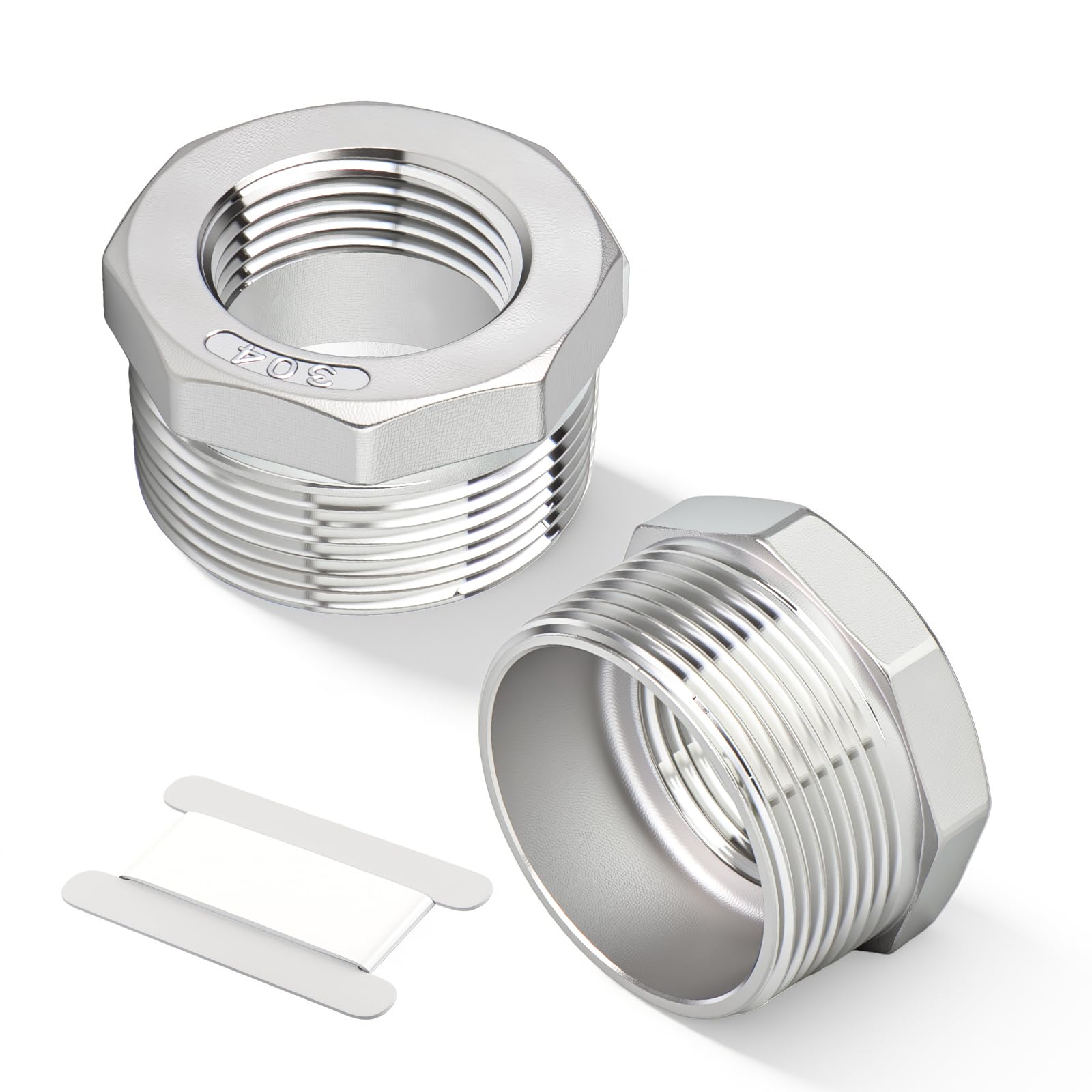 Buje reductor hexagonal NPT macho de 2 pulgadas a NPT hembra de 1-1/4 pulgadas en acero 304